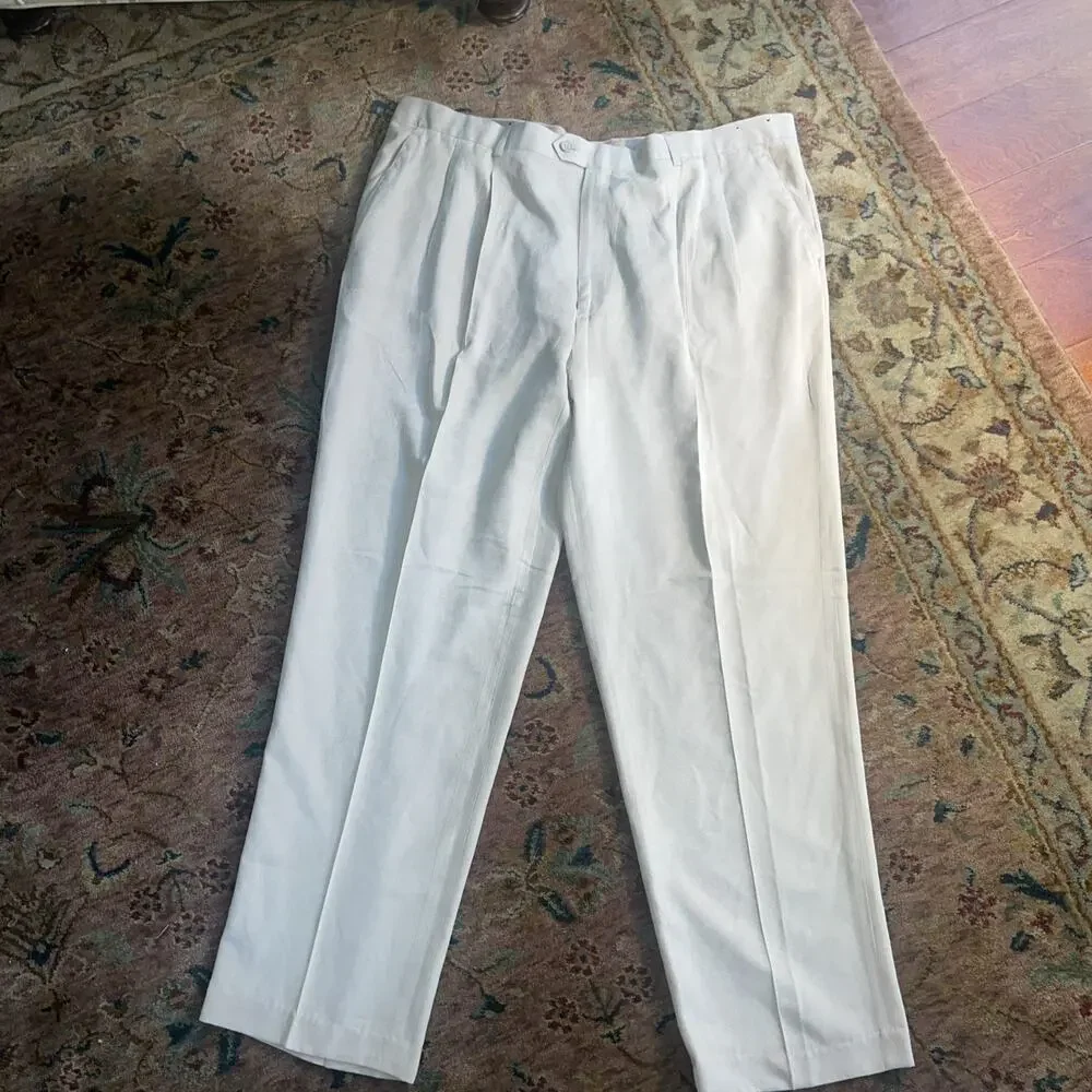 Bergamo New York Dress Pants Beige Pleated Korea Vintage Style Poly Suede 44x32